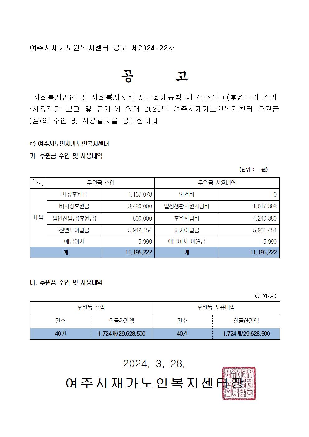 2023년 여주시재가노인복지센터 후원금.품 사용 공고(2024-22)